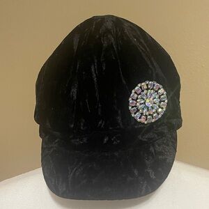 Black Crushed Velvet Cap with Rhinestone Brooch